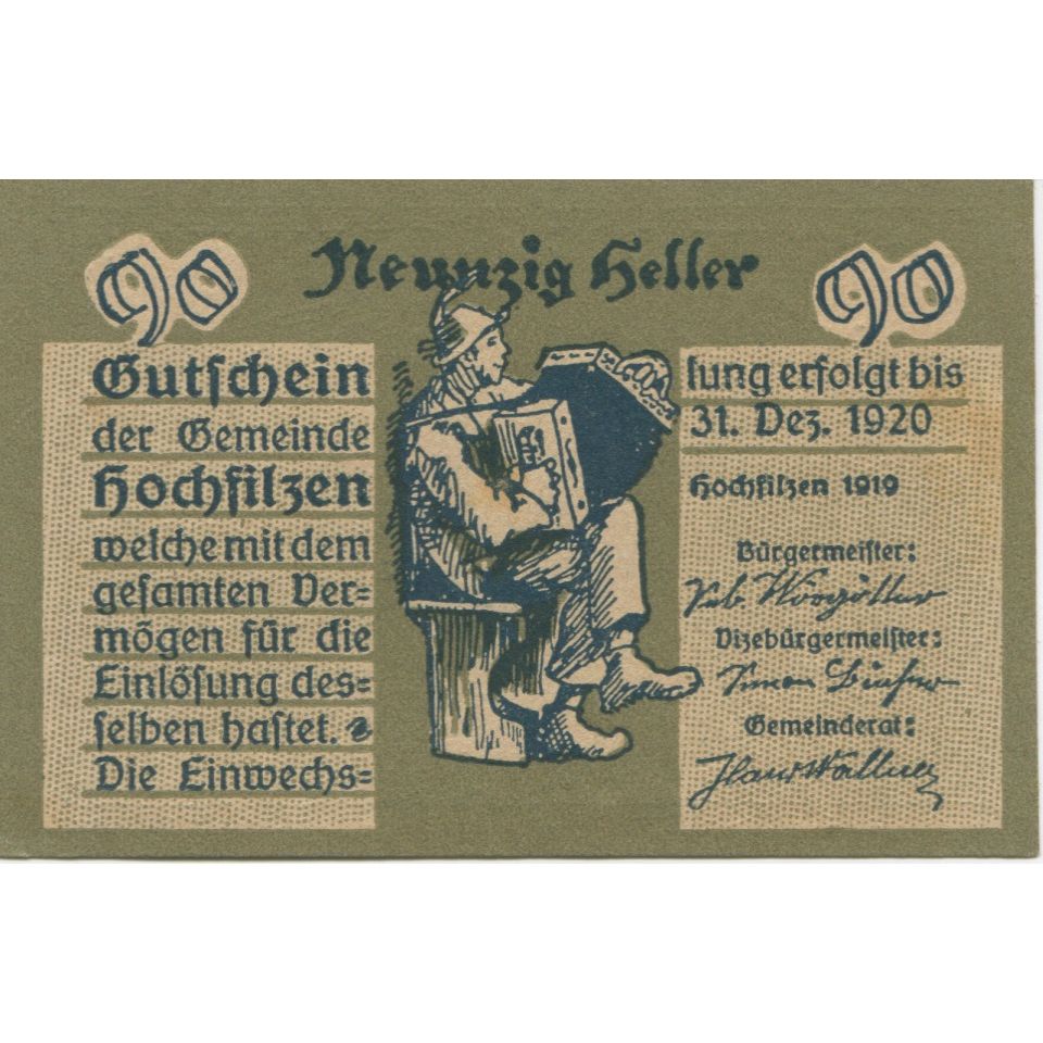 Geldschein, Österreich, Hochfilzen, 90 Heller, danse 1920 UNZ- Mehl:FS 382a
