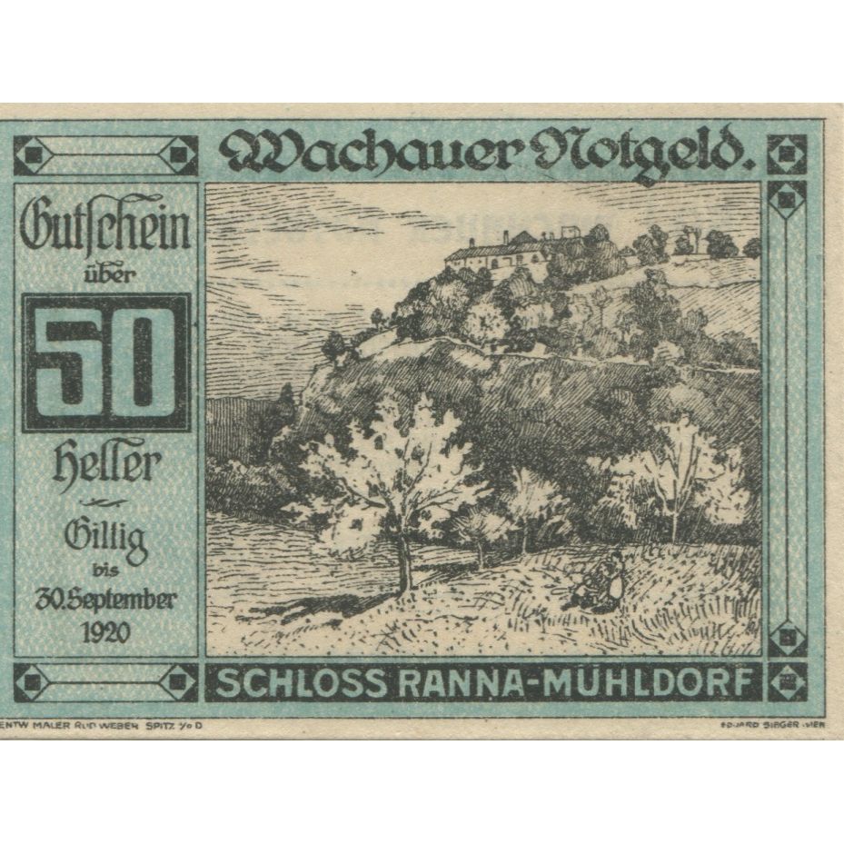 Billet, Autriche, Ranna-Muhldorf, 50 Heller, paysage, 1920 SPL Mehl:FS 1122.7IIa