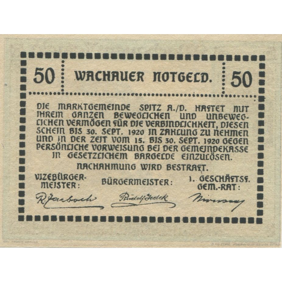 Billet, Autriche, Ranna-Muhldorf, 50 Heller, paysage, 1920 SPL Mehl:FS 1122.7IIa