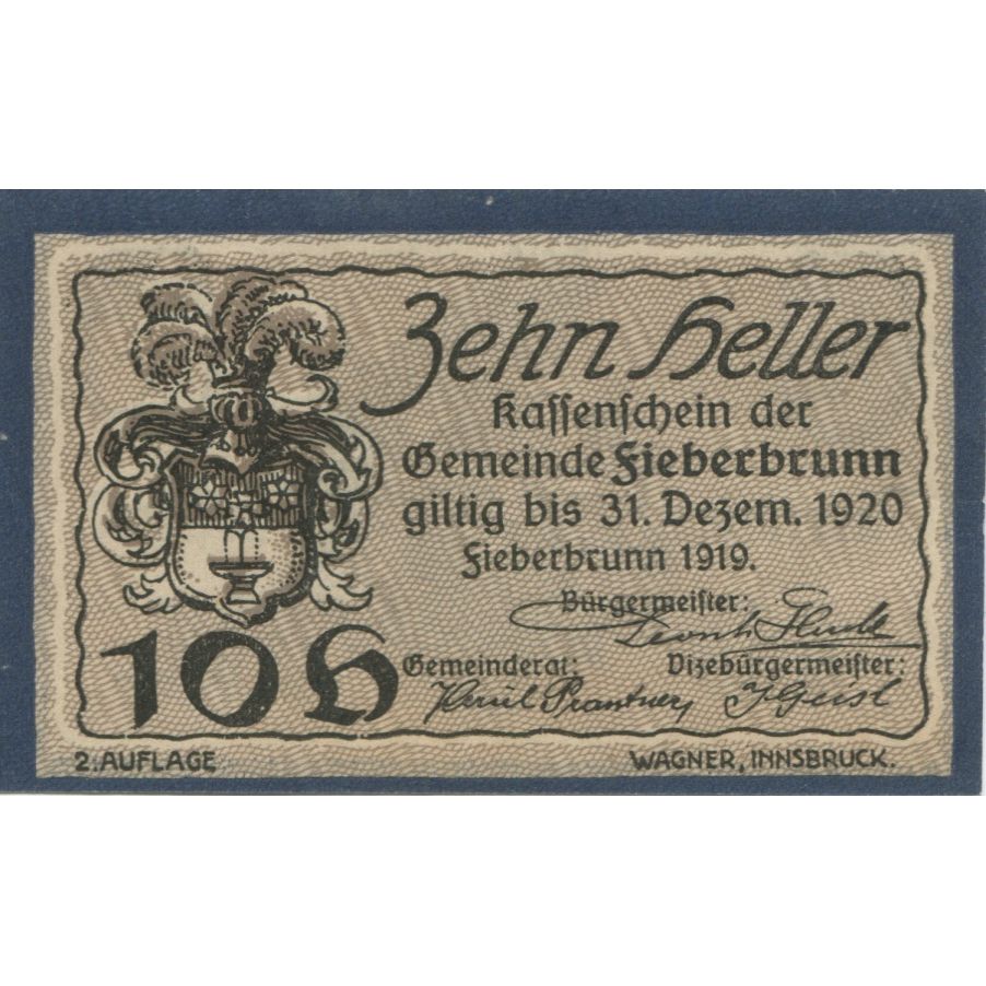 Banconote, Austria, Fieberbrunn, 10 Heller, Blason 1920-12-31, SPL Mehl:FS 200Ia