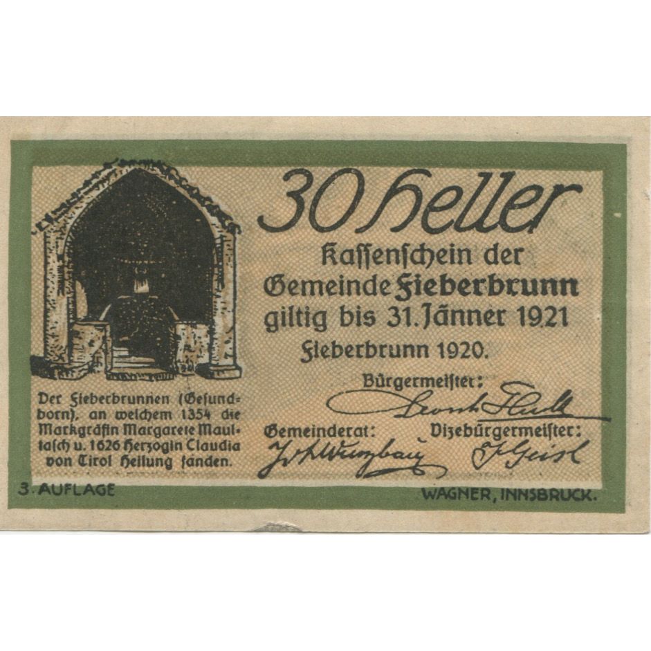 Geldschein, Österreich, Fieberbrunn, 30 Heller, paysage, 1920 UNZ- Mehl:FS 200Ia