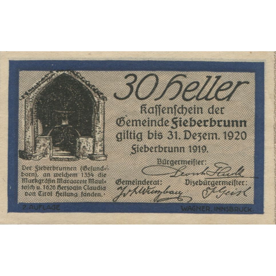 Billet, Autriche, Fieberbrunn, 30 Heller, village 1920-12-31, SPL Mehl:FS 200Ia