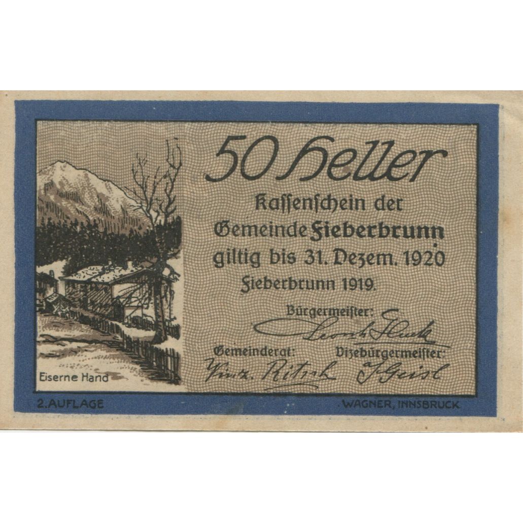 Banknote, Austria, Fieberbrunn, 50 Heller, chalet, 1920 UNC(63) Mehl:FS 200Ia