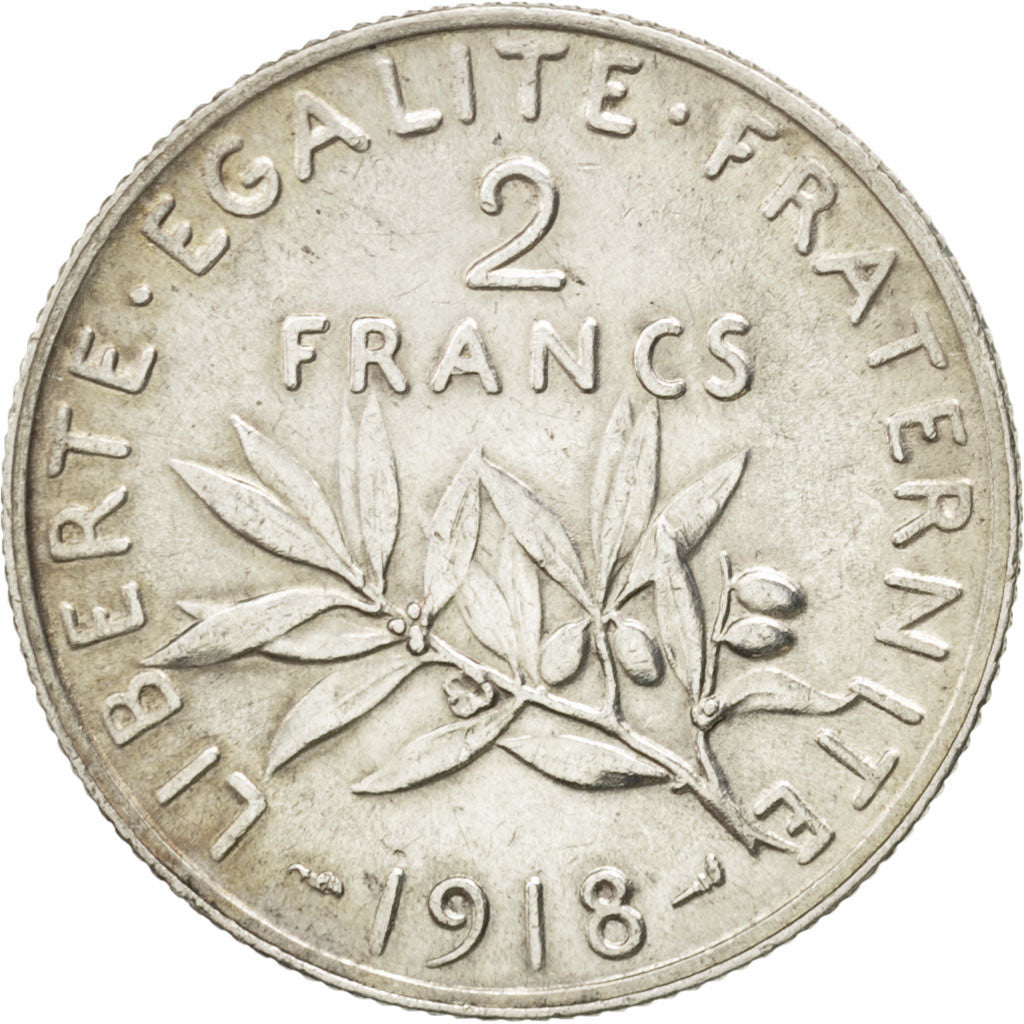 FRANCE, Semeuse, 2 Francs, 1918, Paris, KM #845.1, AU(55-58), Silver, 27,...