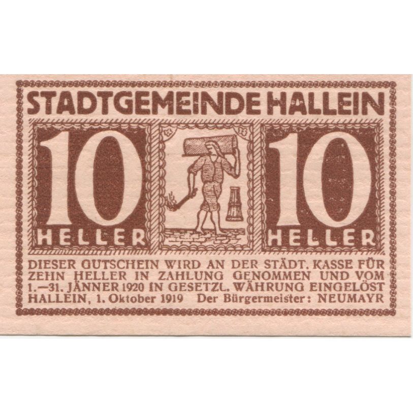 Geldschein, Österreich, Hallein, 10 Heller, Texte, 1920 UNZ- Mehl:FS 344Ia