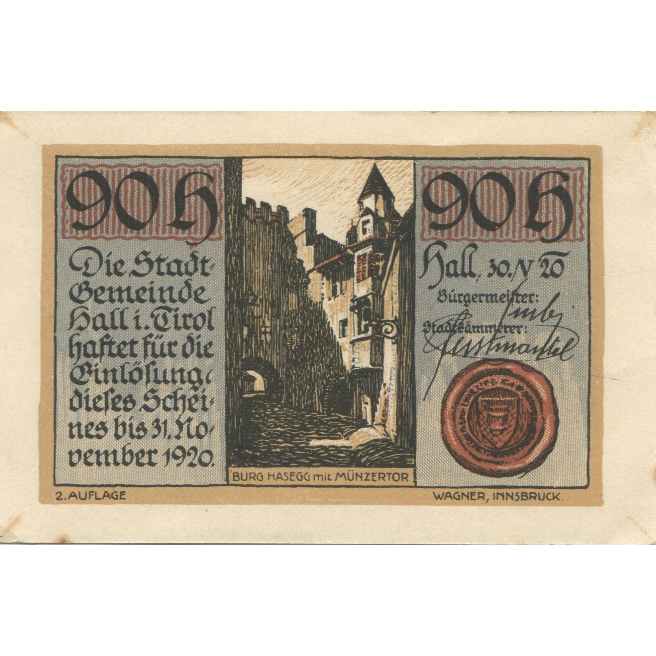 Billet, Autriche, Hall, 90 Heller, rue, 1920, 1920-11-30, SPL, Mehl:FS 342IIa