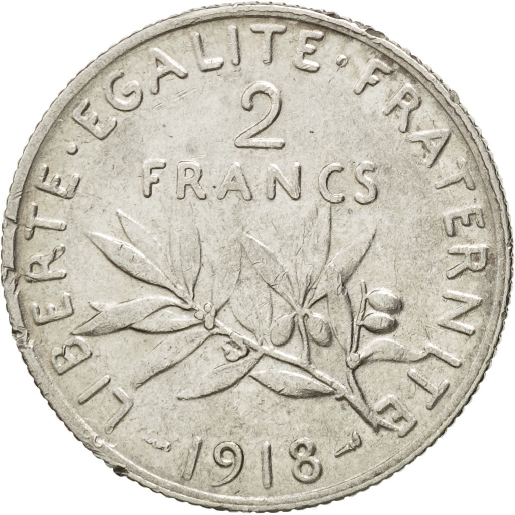 FRANCE, Semeuse, 2 Francs, 1918, Paris, KM #845.1, EF(40-45), Silver, 27,...