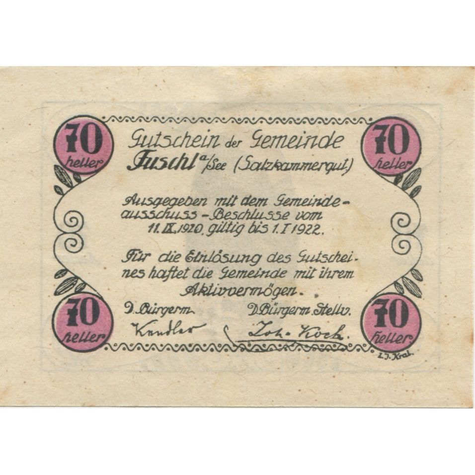 Banconote, Austria, Fuschl, 70 Heller, montagne 1922-01-01, SPL-, Mehl:FS 215b