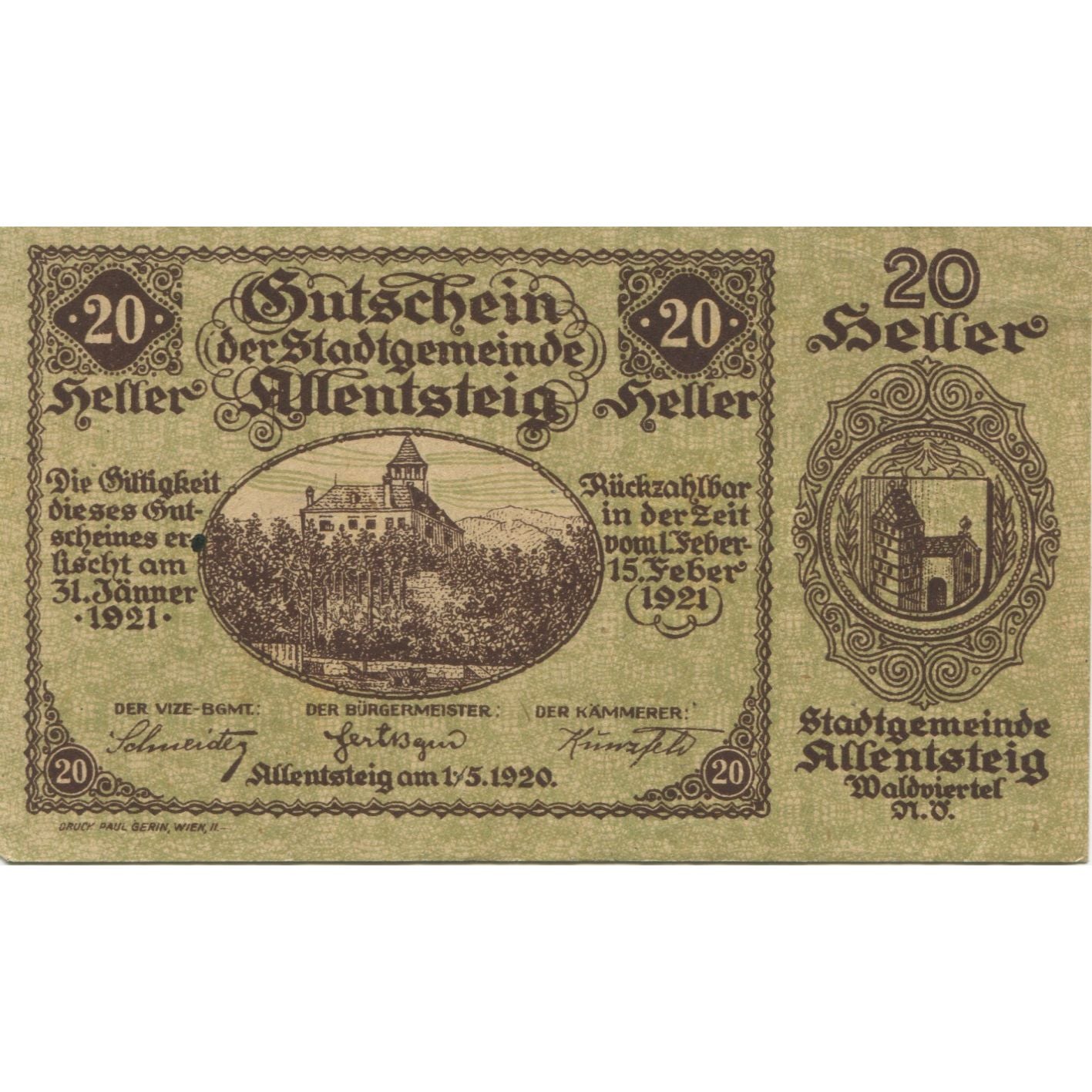 Banknote, Austria, Allentsteig, 20 Heller, château, 1921 UNC(63) Mehl:FS 20a