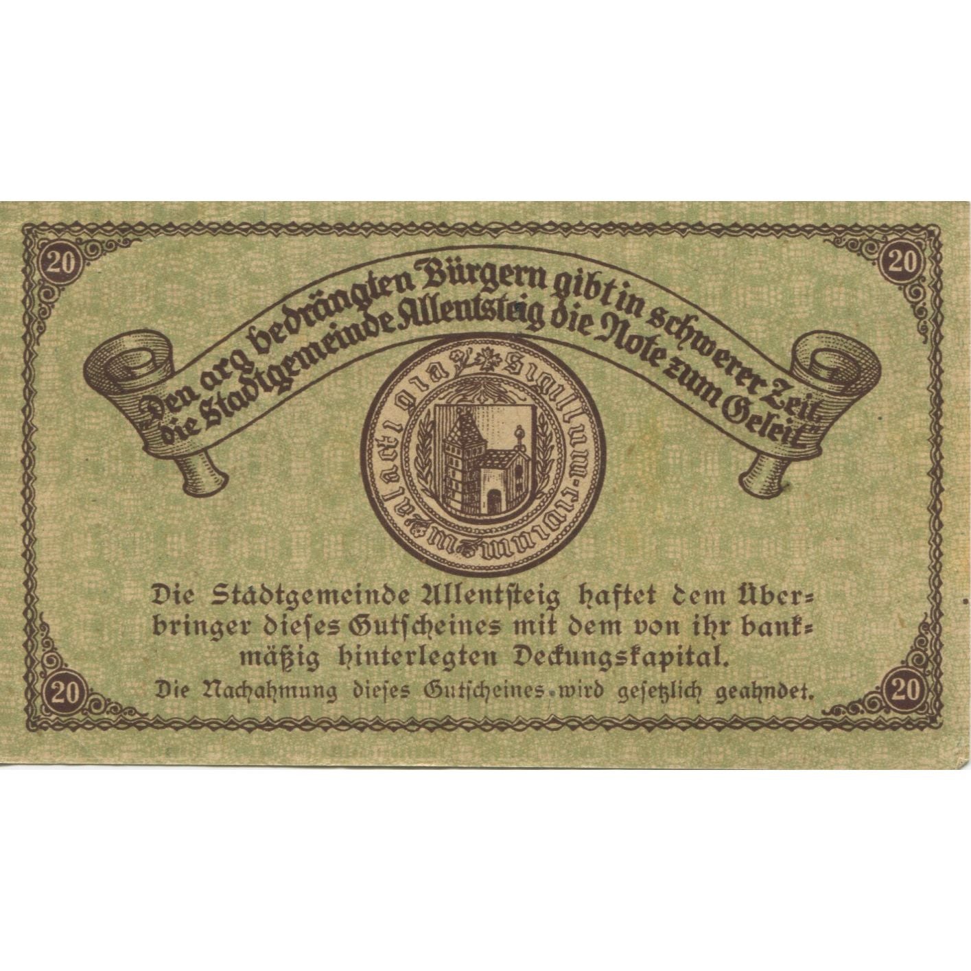 Banknote, Austria, Allentsteig, 20 Heller, château, 1921 UNC(63) Mehl:FS 20a
