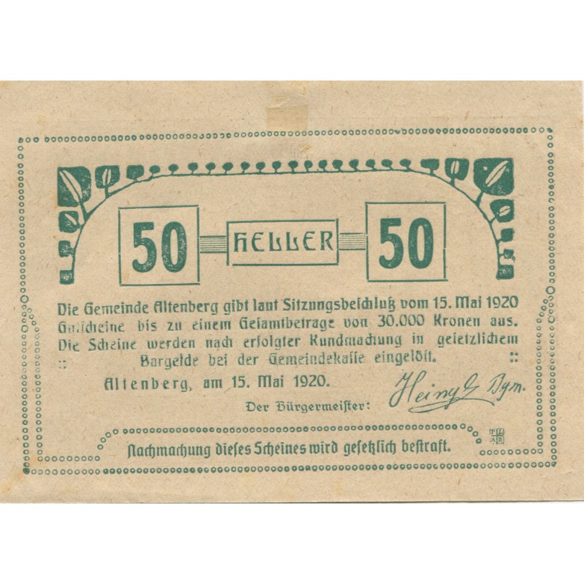 Billet, Autriche, Altenberg, 50 Heller, village 1920-05-15, SPL, Mehl:FS 25a