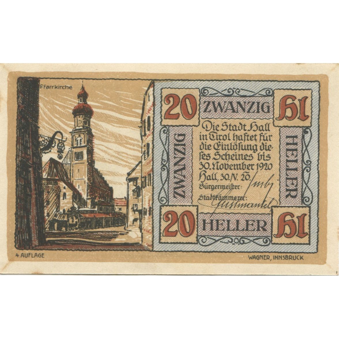 Billet, Autriche, Hall, 20 Heller, Eglise, 1920, 1920-11-30, SPL, Mehl:FS 342IIa