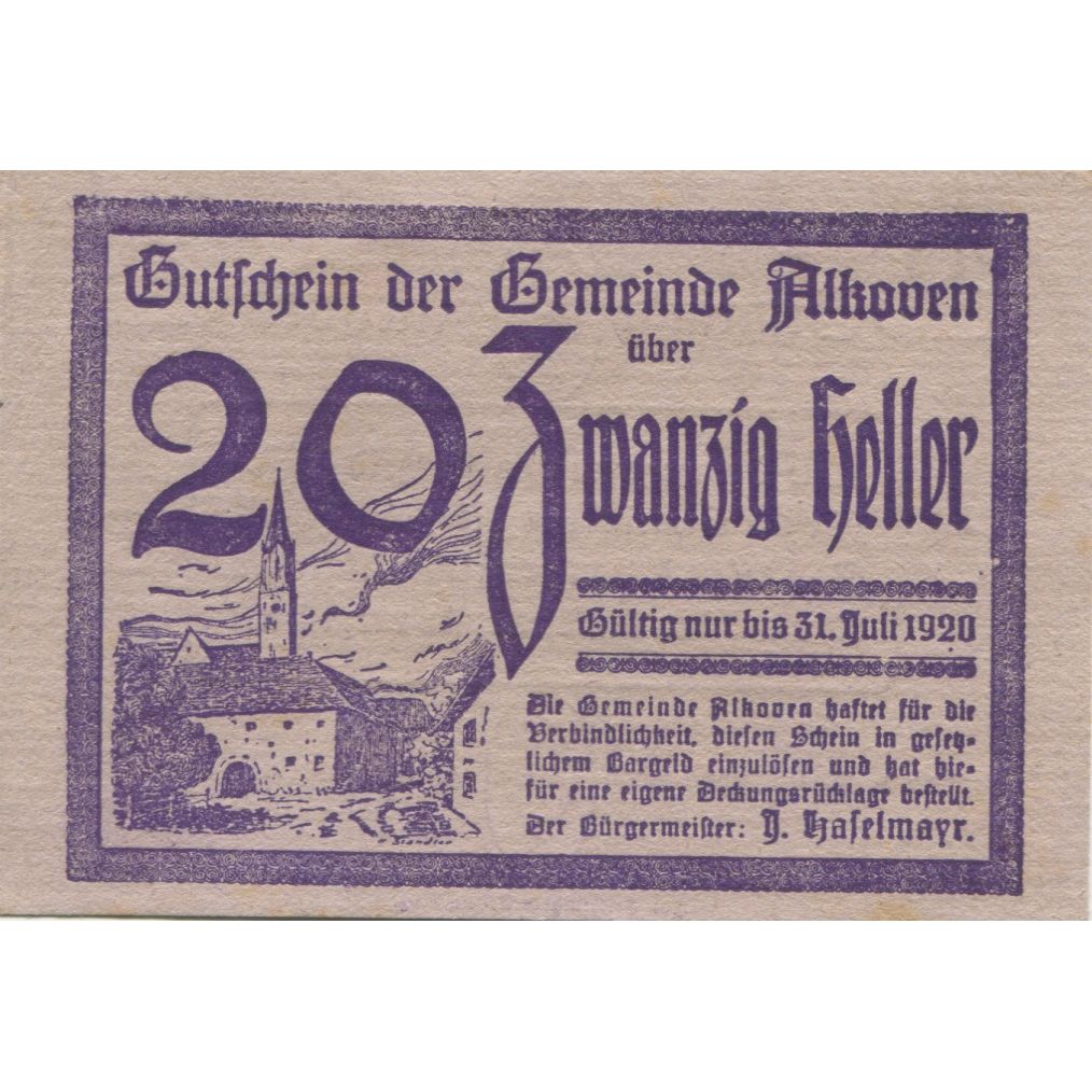 Banknote, Austria, Alkoven, 20 Heller, Eglise, 1920 UNC(63) Mehl:FS 18Ia