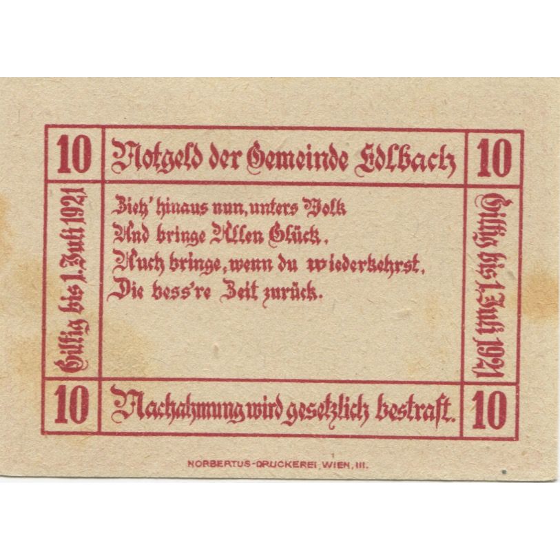 Banknote, Austria, edlbach, 10 Heller, Texte, 1921 AU(55-58) Mehl:FS 150a