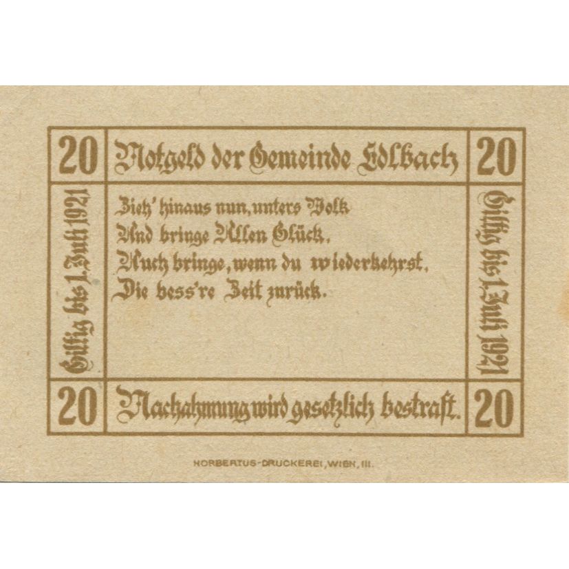 Banknote, Austria, edlbach, 20 Heller, texte 1, 1921-07-01, UNC(63) Mehl:FS 150a