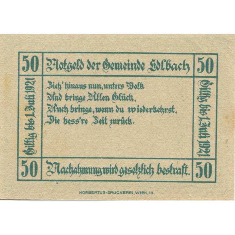 Banknote, Austria, edlbach, 50 Heller, Texte 2, 1921 UNC(60-62) Mehl:FS 150a