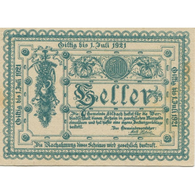 Banknote, Austria, edlbach, 50 Heller, Texte 2, 1921 UNC(60-62) Mehl:FS 150a