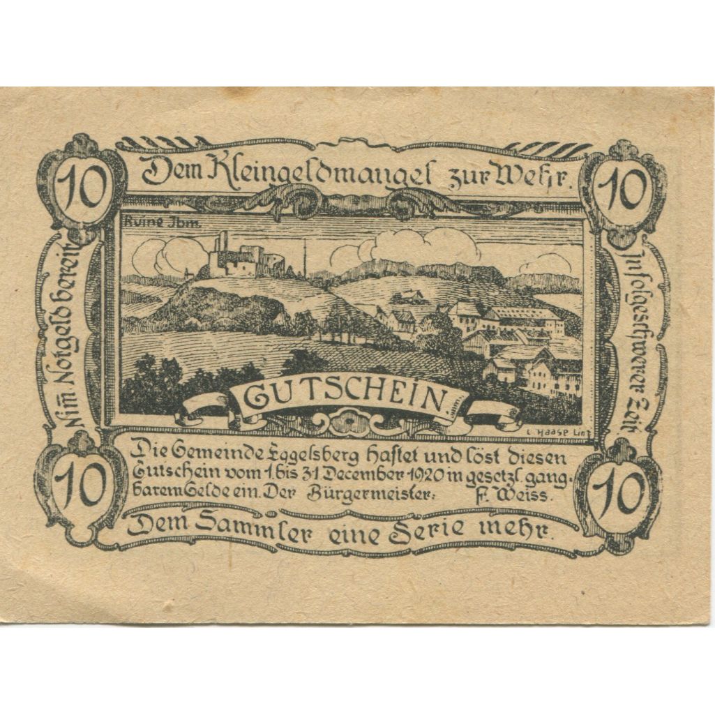Banknote, Austria, Eggelsberg, 10 Heller, paysage, 1920 AU(55-58) Mehl:FS 160Ia