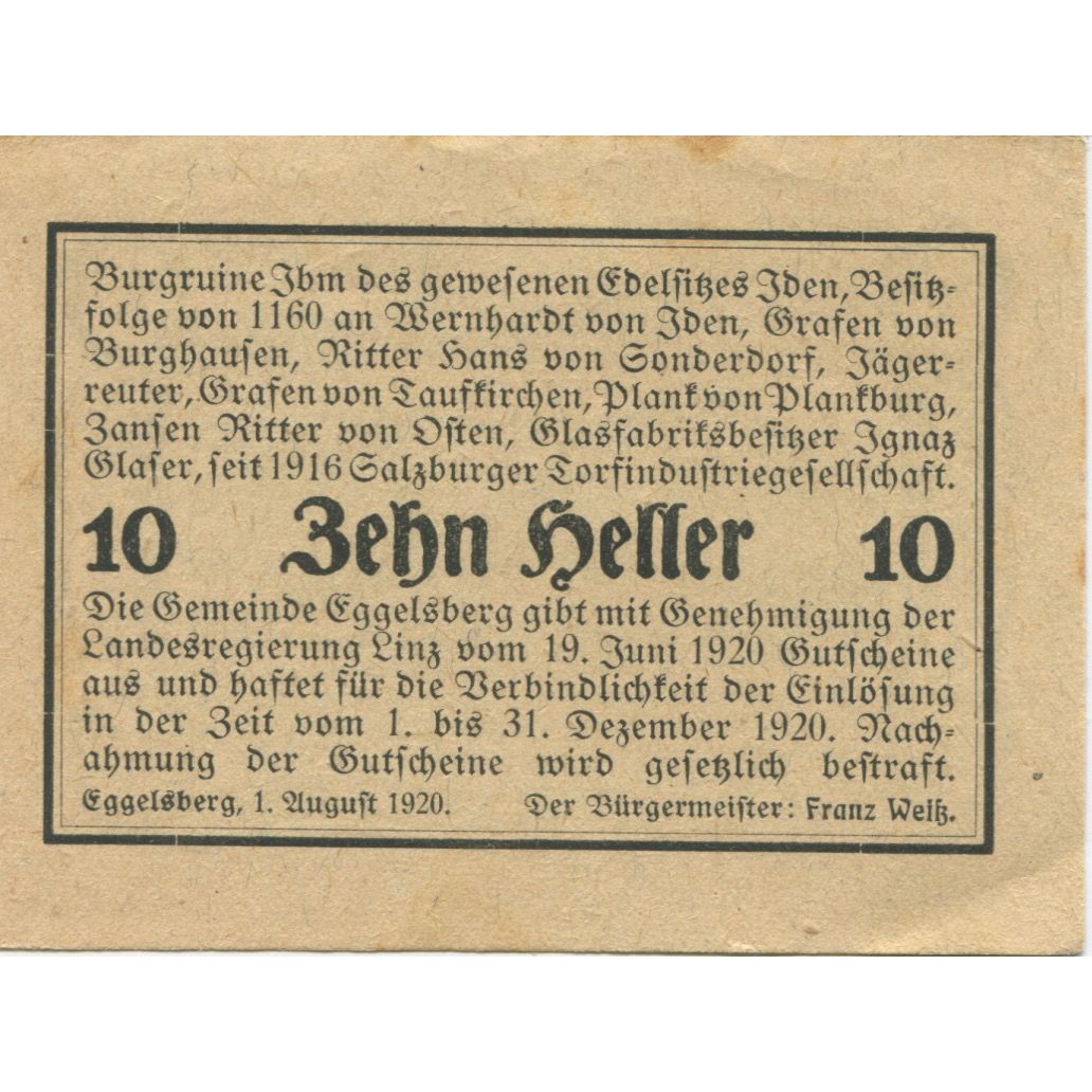 Banknote, Austria, Eggelsberg, 10 Heller, paysage, 1920 AU(55-58) Mehl:FS 160Ia