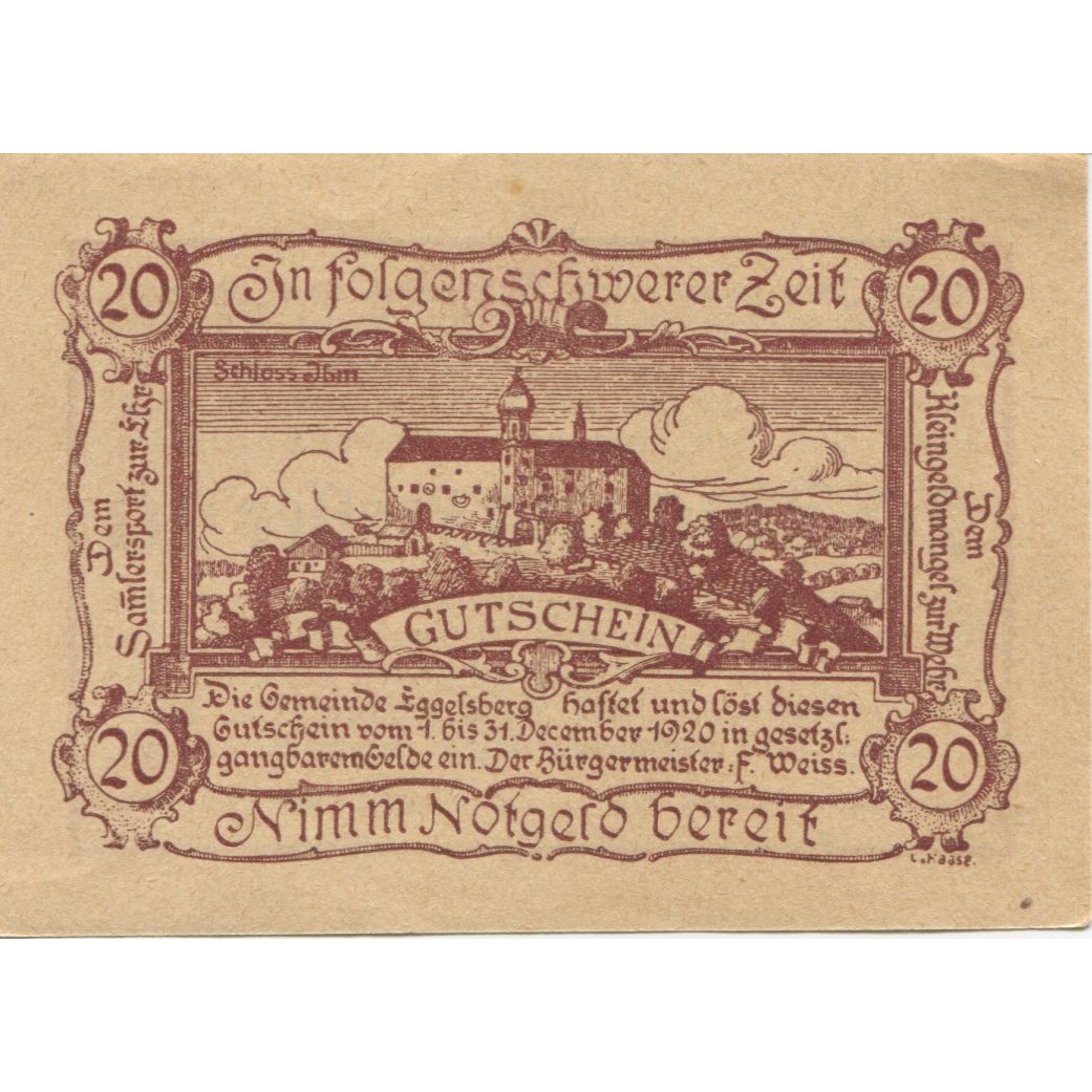 Banknote, Austria, Eggelsberg, 20 Heller, château, 1920 UNC(63) Mehl:FS 160Ia