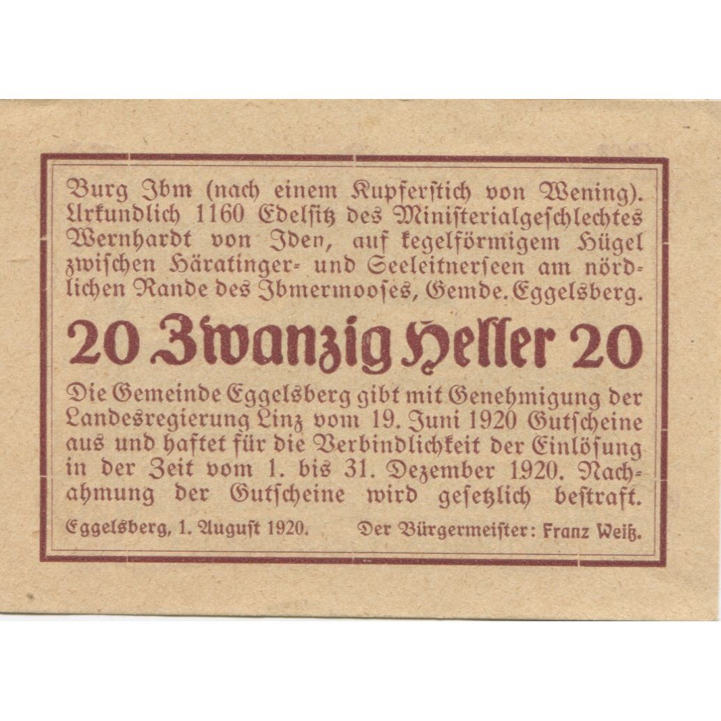 Banknote, Austria, Eggelsberg, 20 Heller, château, 1920 UNC(63) Mehl:FS 160Ia
