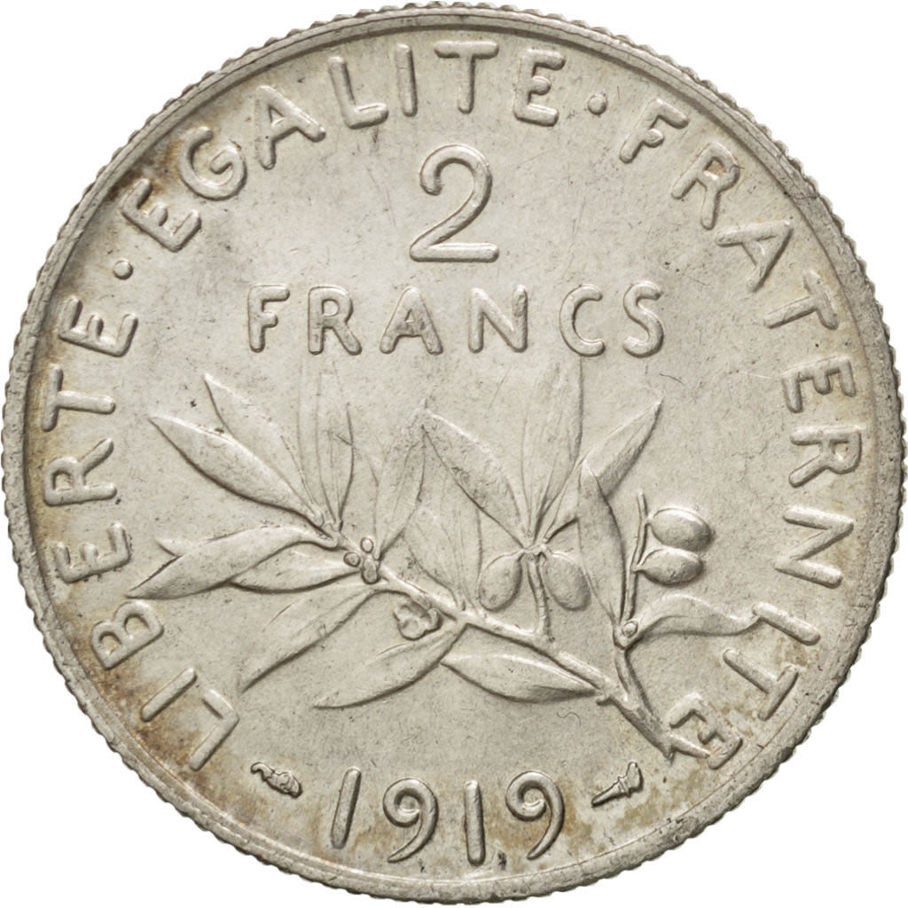 FRANCE, Semeuse, 2 Francs, 1919, Paris, KM #845.1, MS(60-62), Silver, 27,...