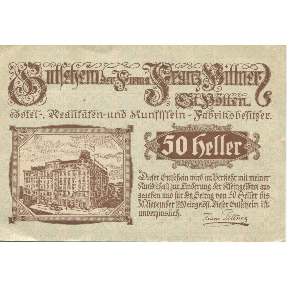 Banknote, Austria, St Pölten, 50 Heller, Usine, 1920, UNC(60-62), Mehl:FS 927