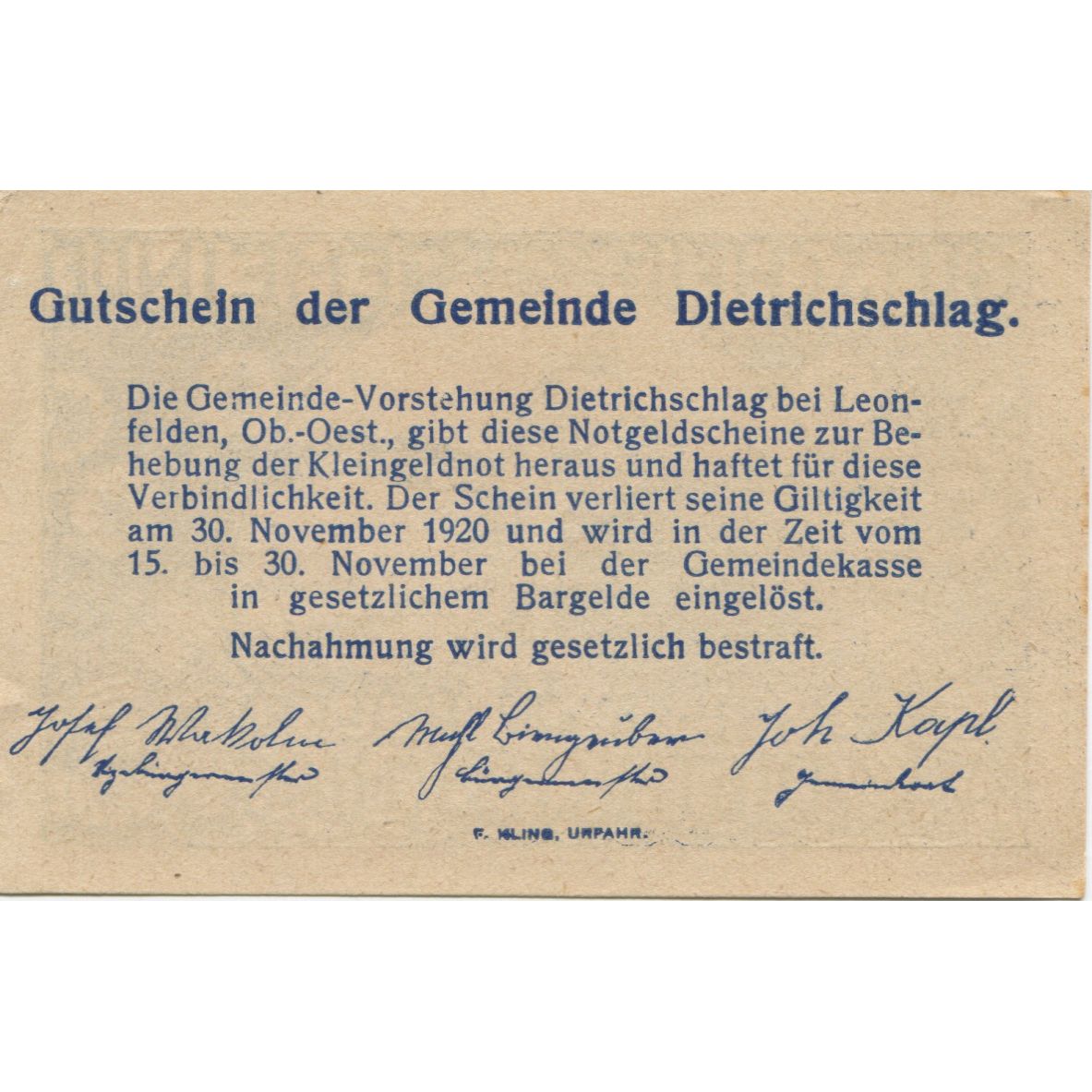 Banknote, Austria, Dietrichschlag, 30 Heller, champs, 1920, UNC(63) Mehl:FS 124a