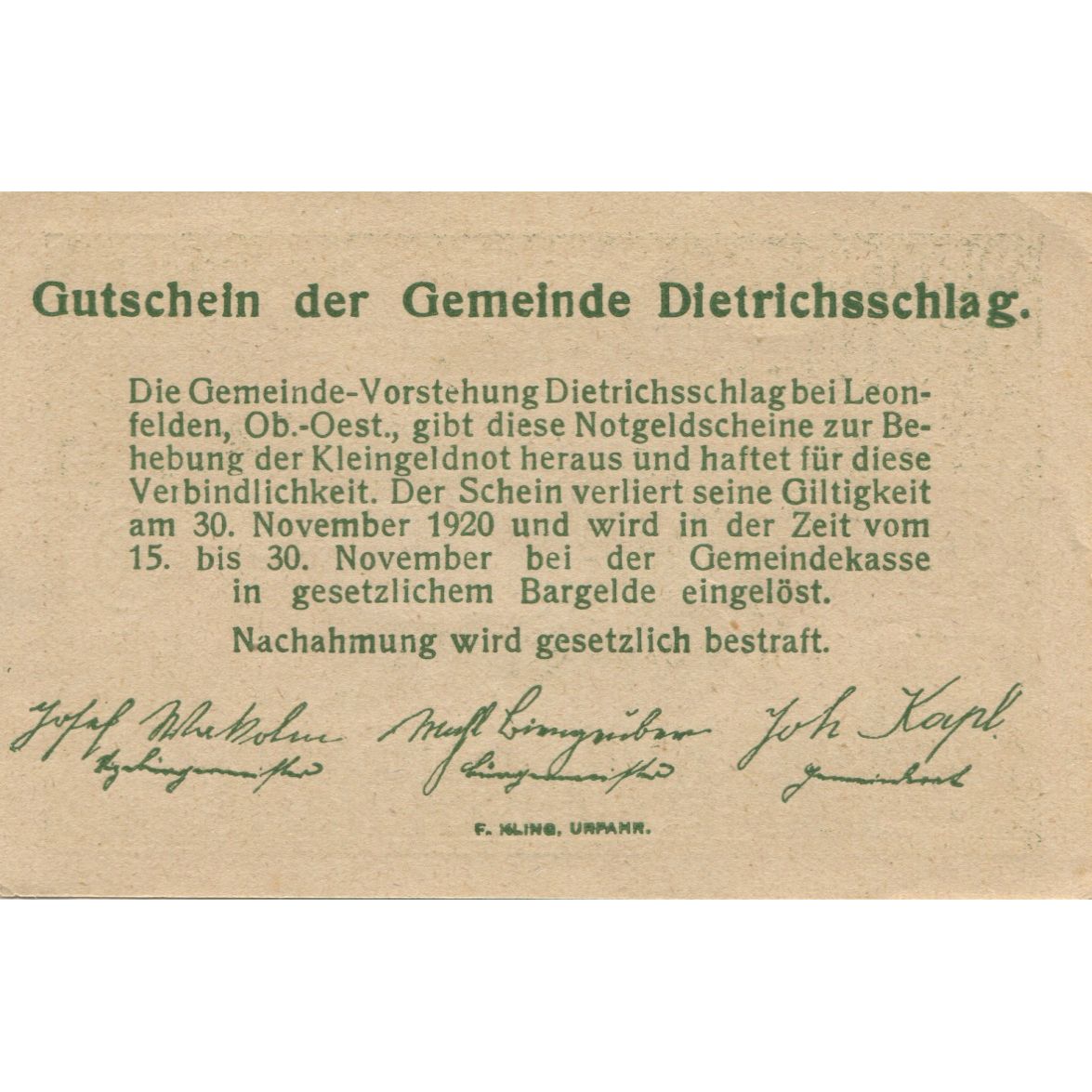 Banknote, Austria, Dietrichschlag, 50 Heller, cheval, 1920 UNC(63) Mehl:FS 124a