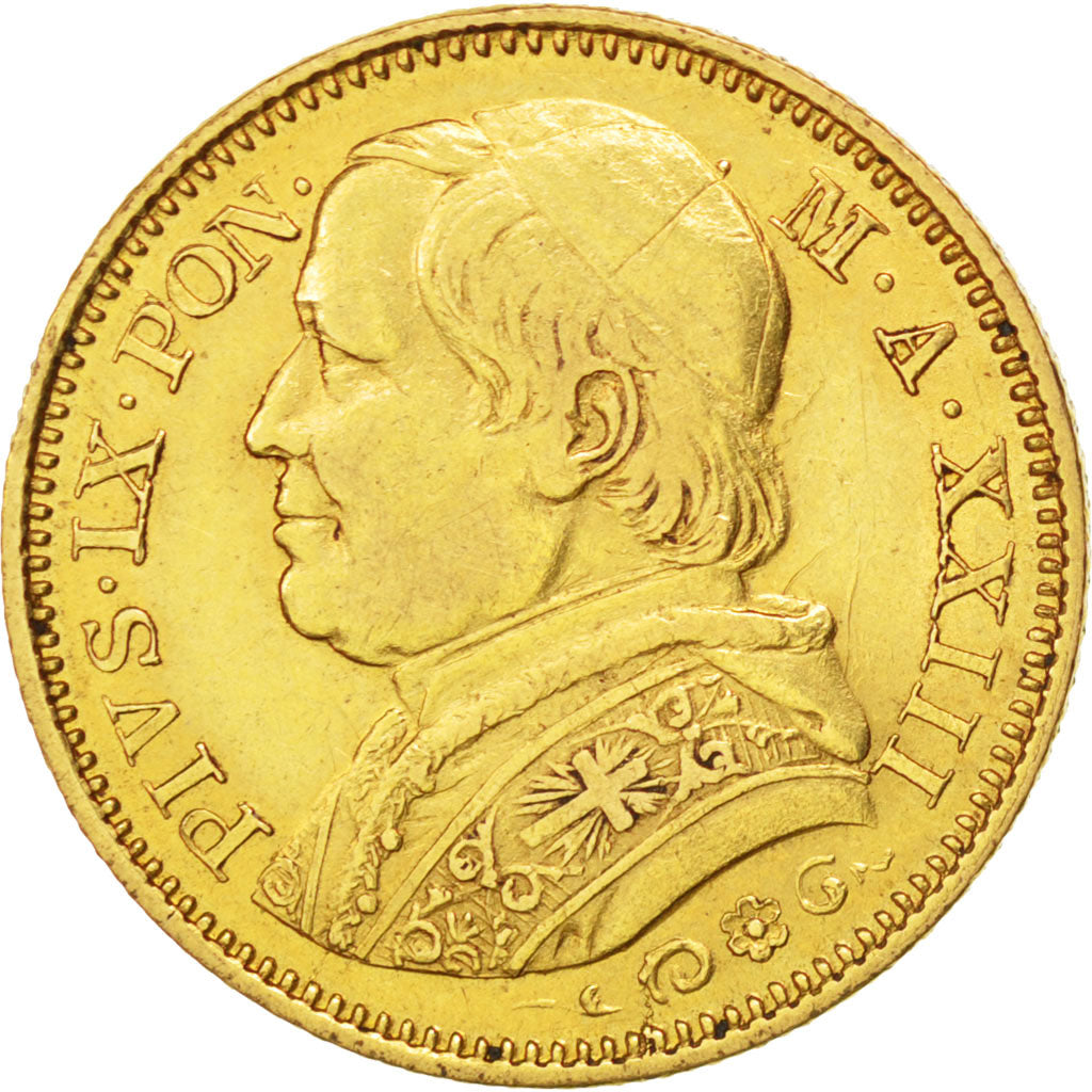 ITALIAN STATES, 20 Lire, 1868, Roma, KM #1382.4, EF(40-45), Gold, 6.45