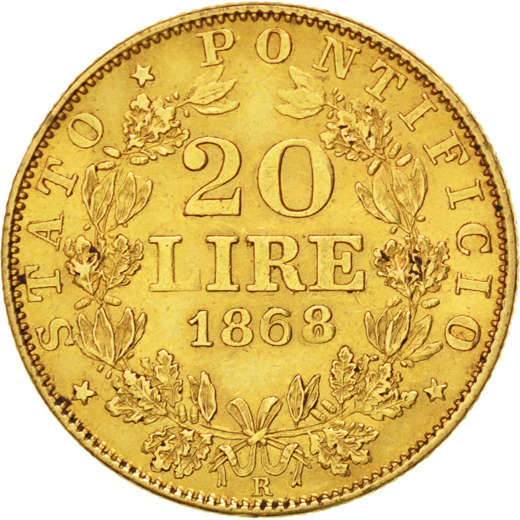 ITALIAN STATES, 20 Lire, 1868, Roma, KM #1382.4, EF(40-45), Gold, 6.45