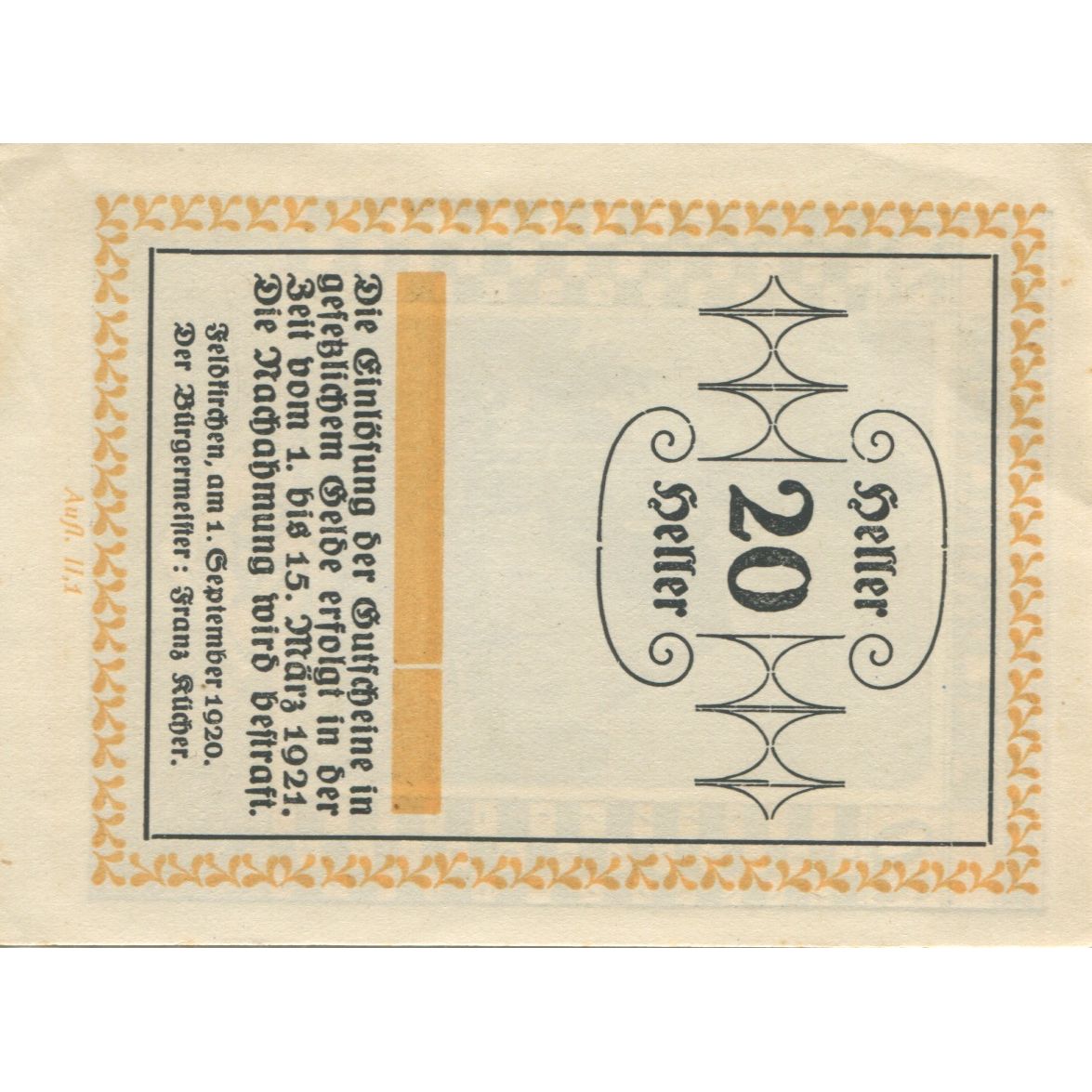 Banknote, Austria, Feldkirchen, 20 Heller, Eglise, 1920, UNC(63), Mehl:FS 197a