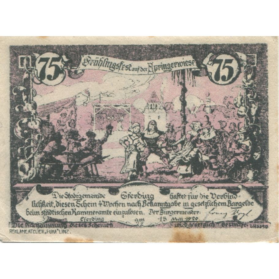 Banknote, Austria, Eferding, 75 Heller, danse, 1920 AU(55-58) Mehl:FS 152IV