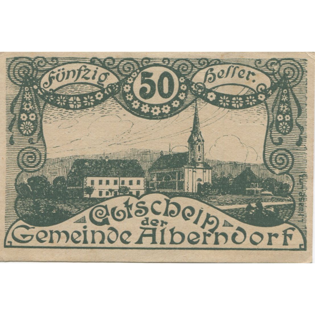 Banknote, Austria, Alberndorf, 50 Heller, Eglise, 1920 UNC(60-62) Mehl:FS 17a2