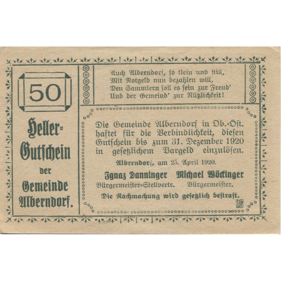 Banknote, Austria, Alberndorf, 50 Heller, Eglise, 1920 UNC(60-62) Mehl:FS 17a2
