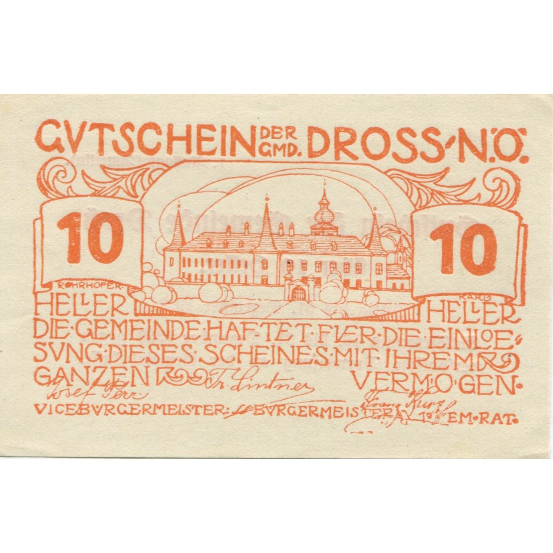 Banknote, Austria, Dross, 10 Heller, château, 1920 UNC(63) Mehl:FS 135.7