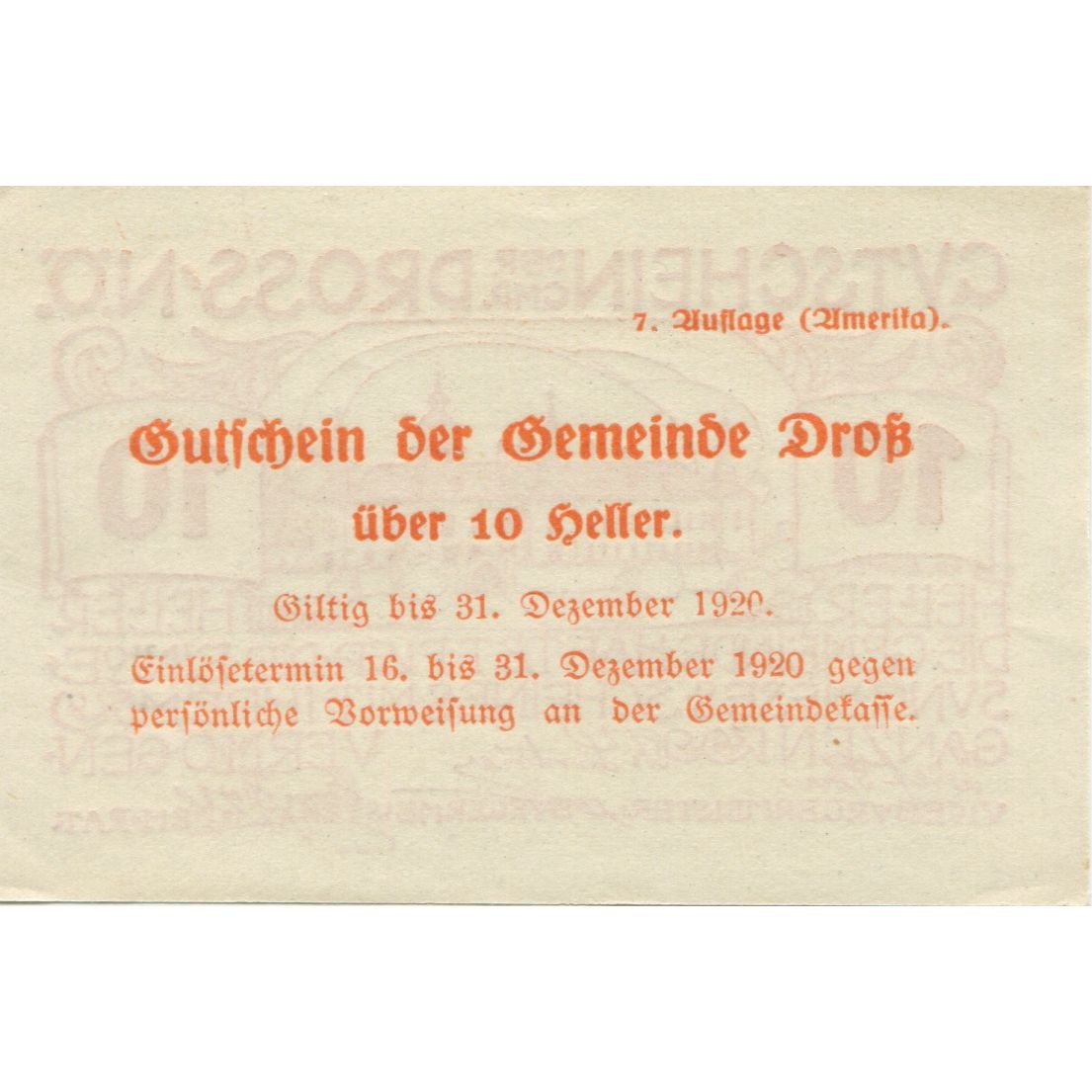 Banknote, Austria, Dross, 10 Heller, château, 1920 UNC(63) Mehl:FS 135.7