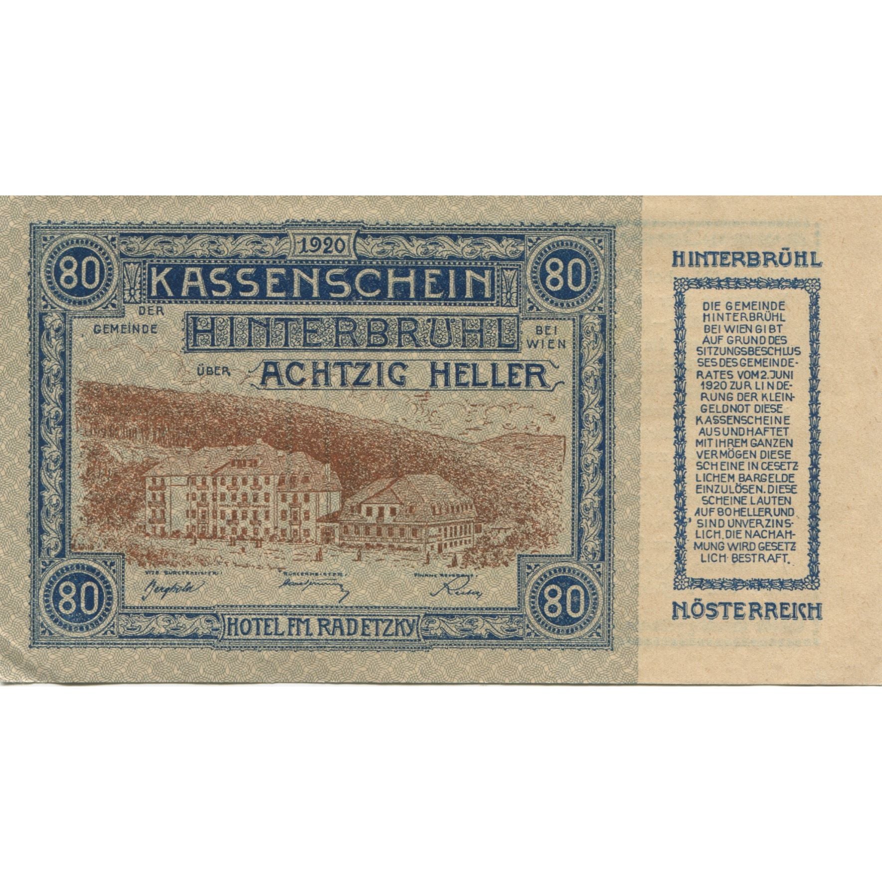 Banknote, Austria, Hinterbrühl, 80 Heller, chalet, 1920 UNC(60-62) Mehl:FS 376II