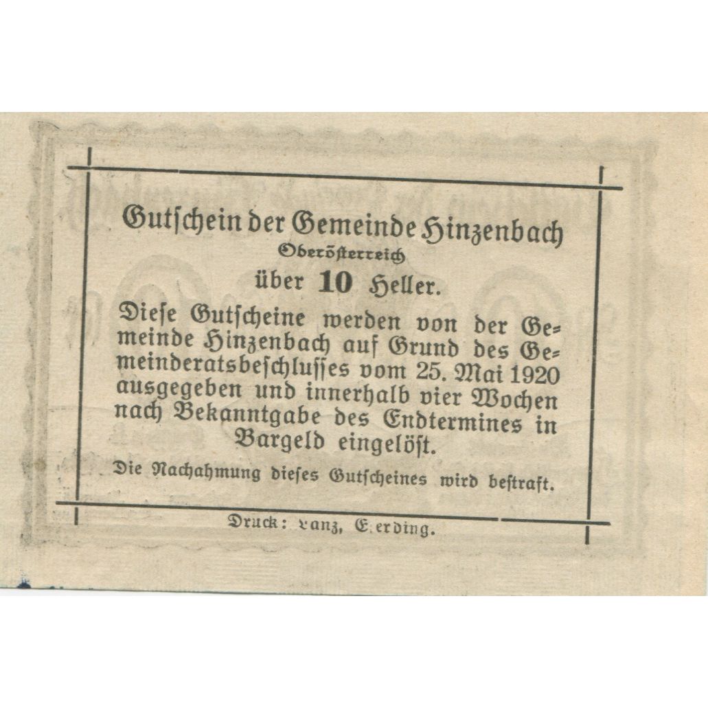 Banknote, Austria, Hinzenbach, 10 Heller, portrait, 1920 UNC(63) Mehl:FS 378IIa