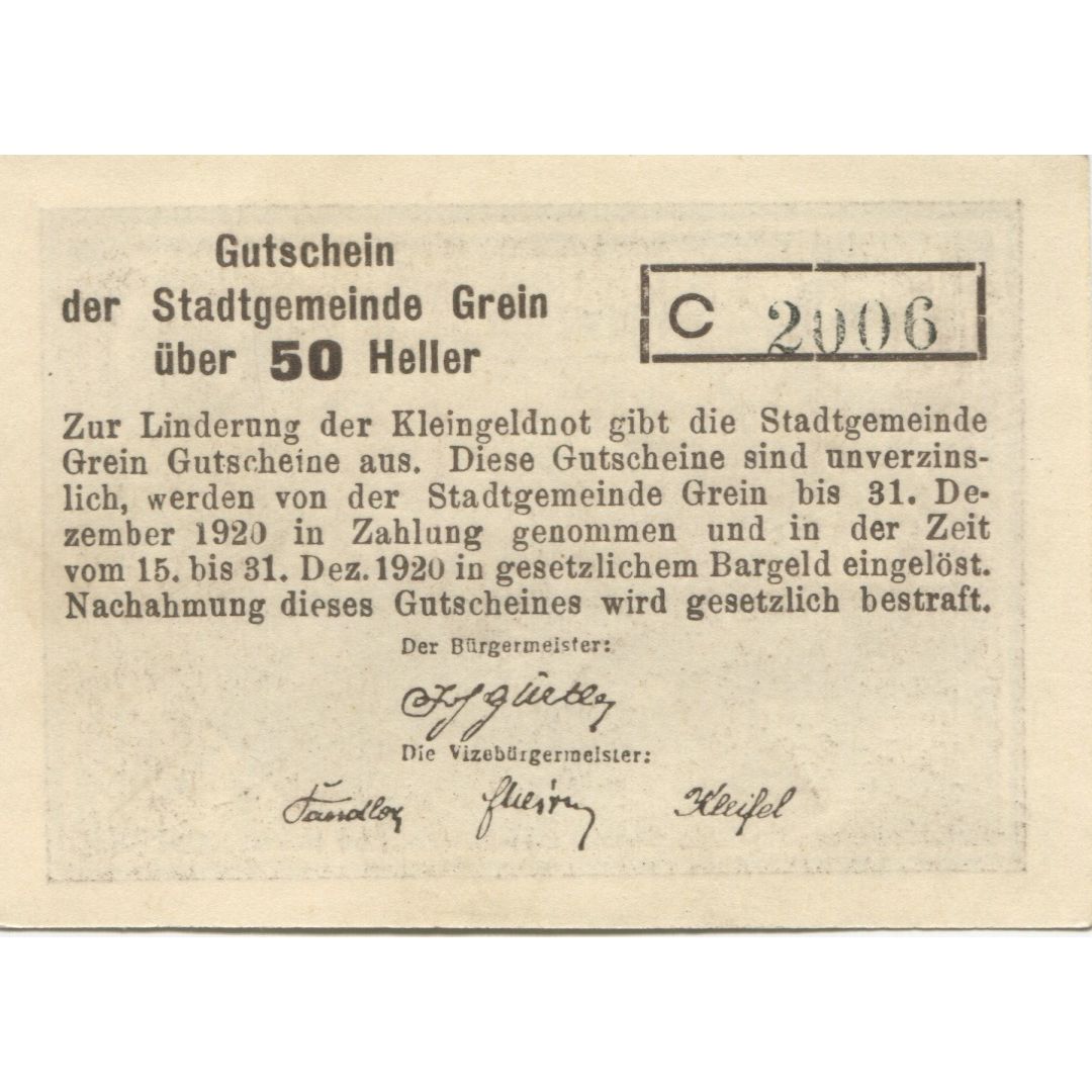 Banknote, Austria, Grein, 50 Heller, paysage, 1920, UNC(60-62) Mehl:FS 276Ib