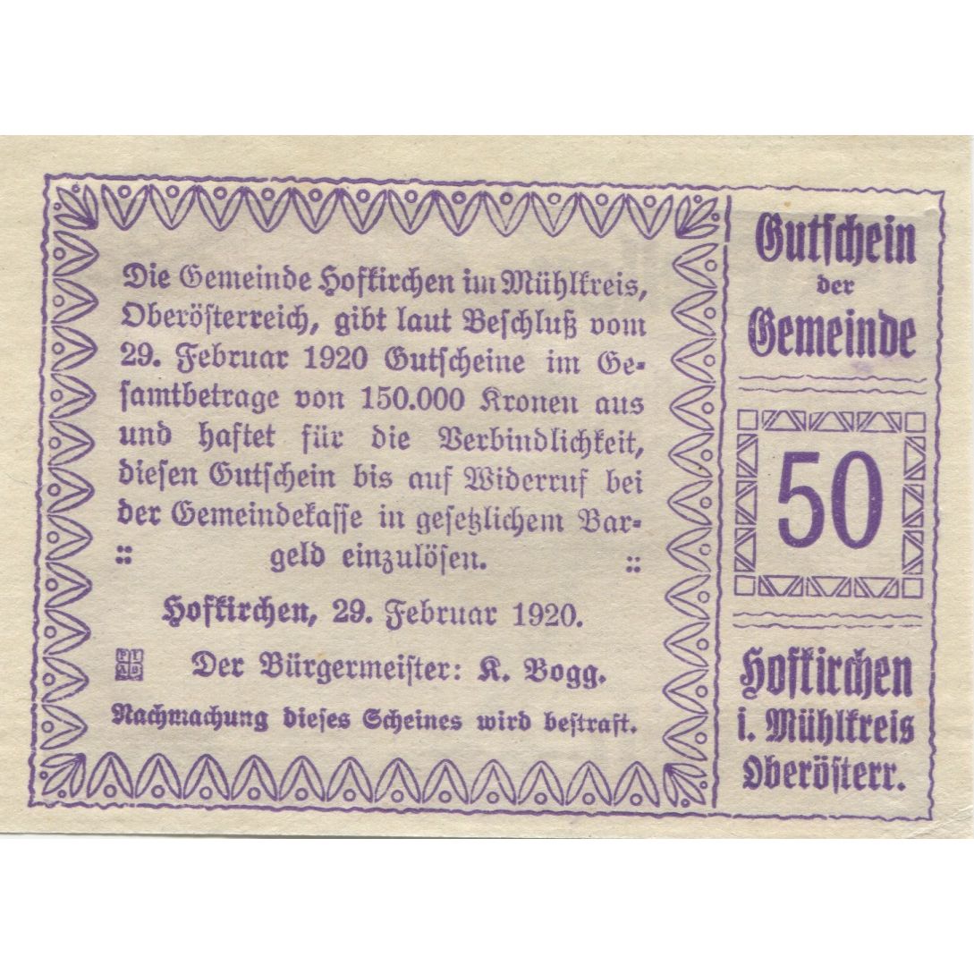 Banknote, Austria, Hofkirchen, 50 Heller, Eglise, 1920, UNC(63), Mehl:FS 386Id2