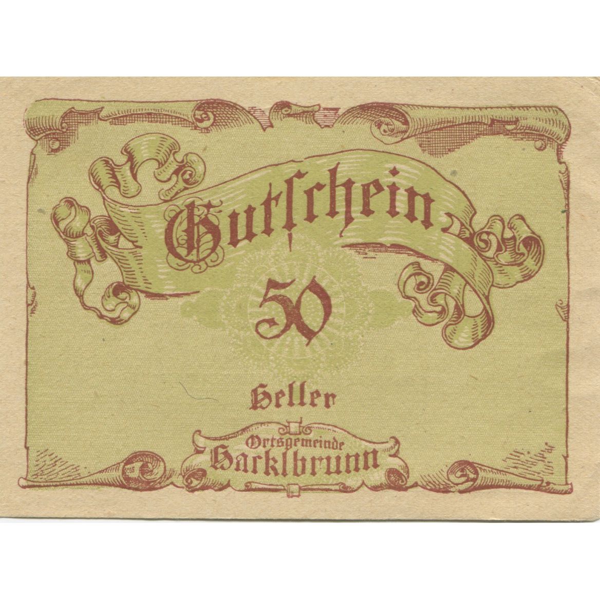 Banknote, Austria, Harklbrunn, 50 Heller, Texte, 1920 UNC(63) Mehl:FS 323IIb