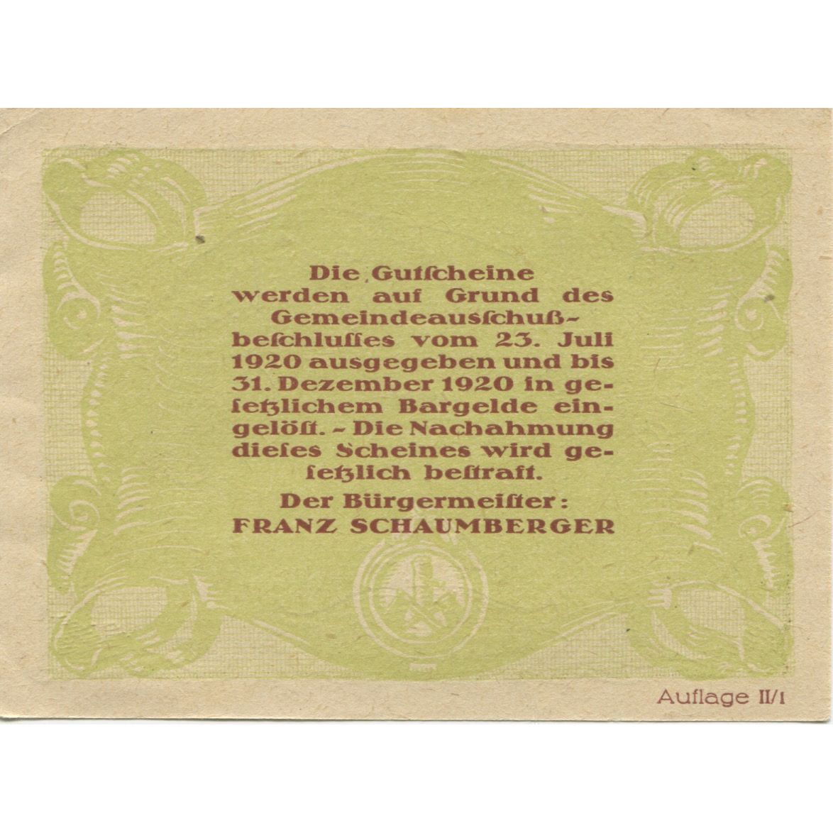 Banknote, Austria, Harklbrunn, 50 Heller, Texte, 1920 UNC(63) Mehl:FS 323IIb