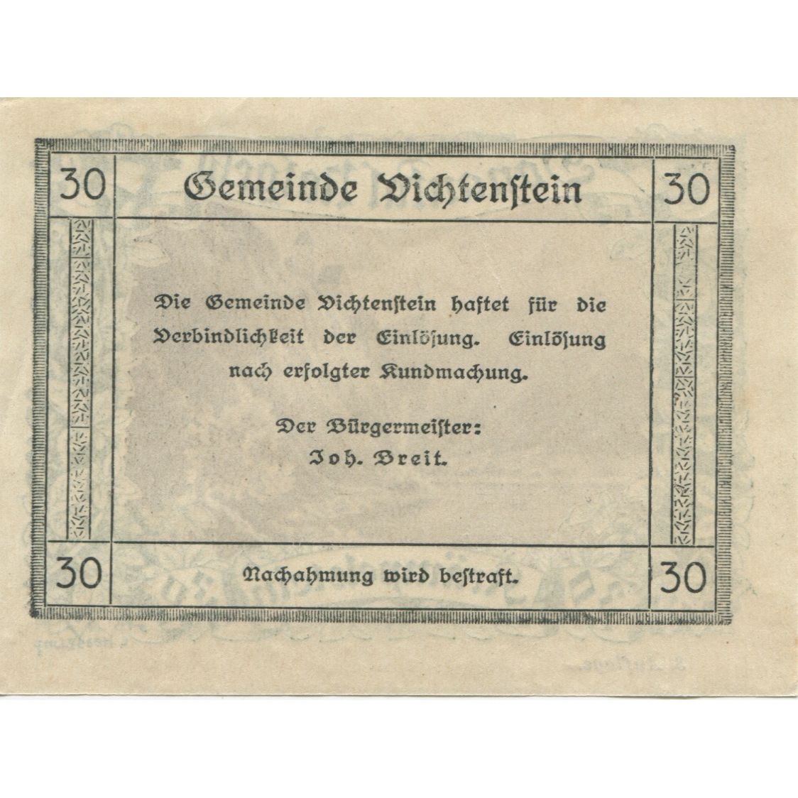 Banknote, Austria, Dichtenstein, 30 Heller, lac, 1920, UNC(63), Mehl:FS 127i