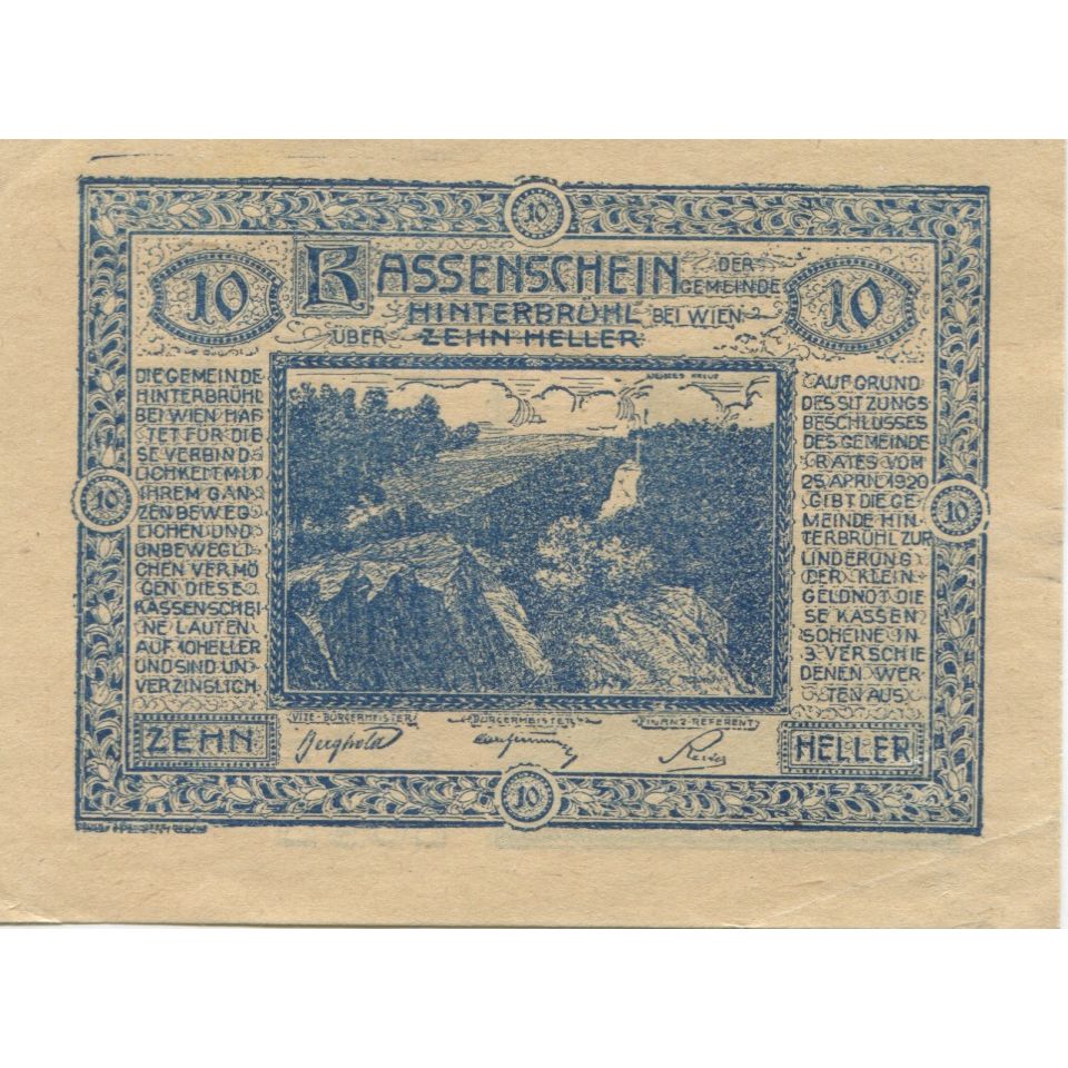 Banknote, Austria, Hinterbrühl, 10 Heller, montagne, 1920 UNC(63) Mehl:FS 376Ia