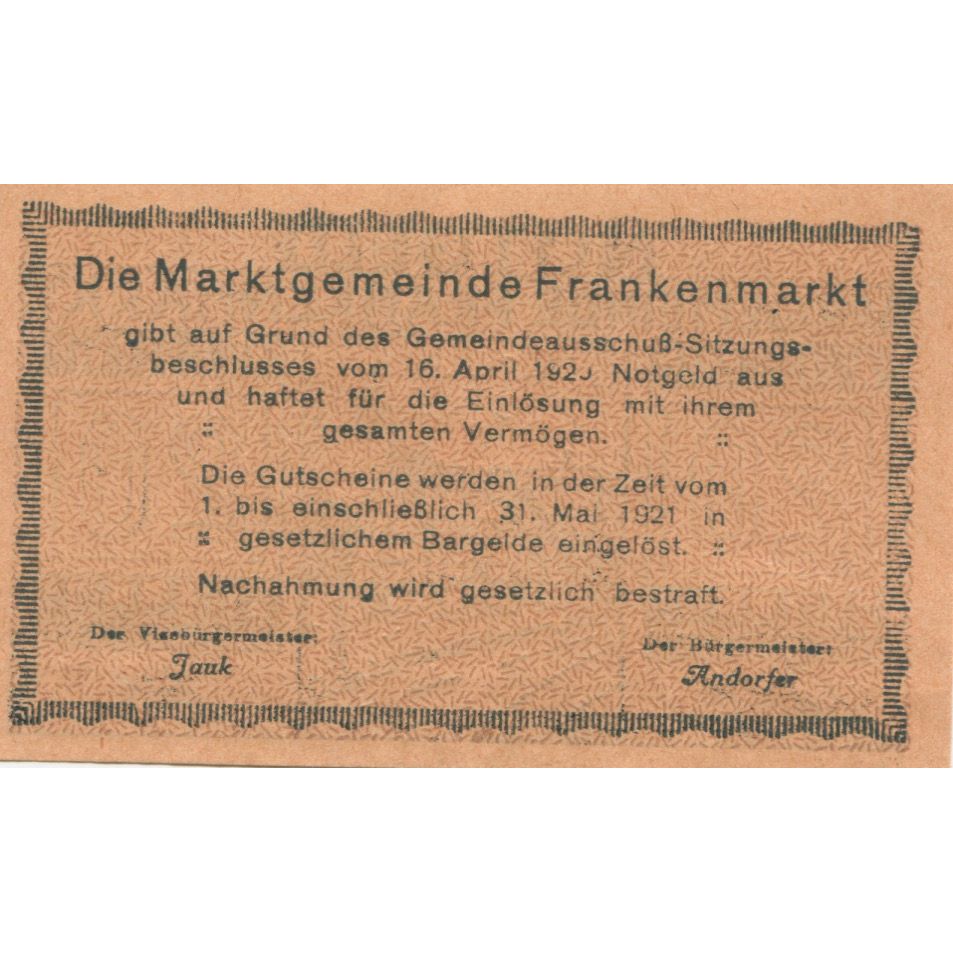 Banknote, Austria, Frankenmarkt, 20 Heller, rue, 1921 UNC(63) Mehl:FS 209a