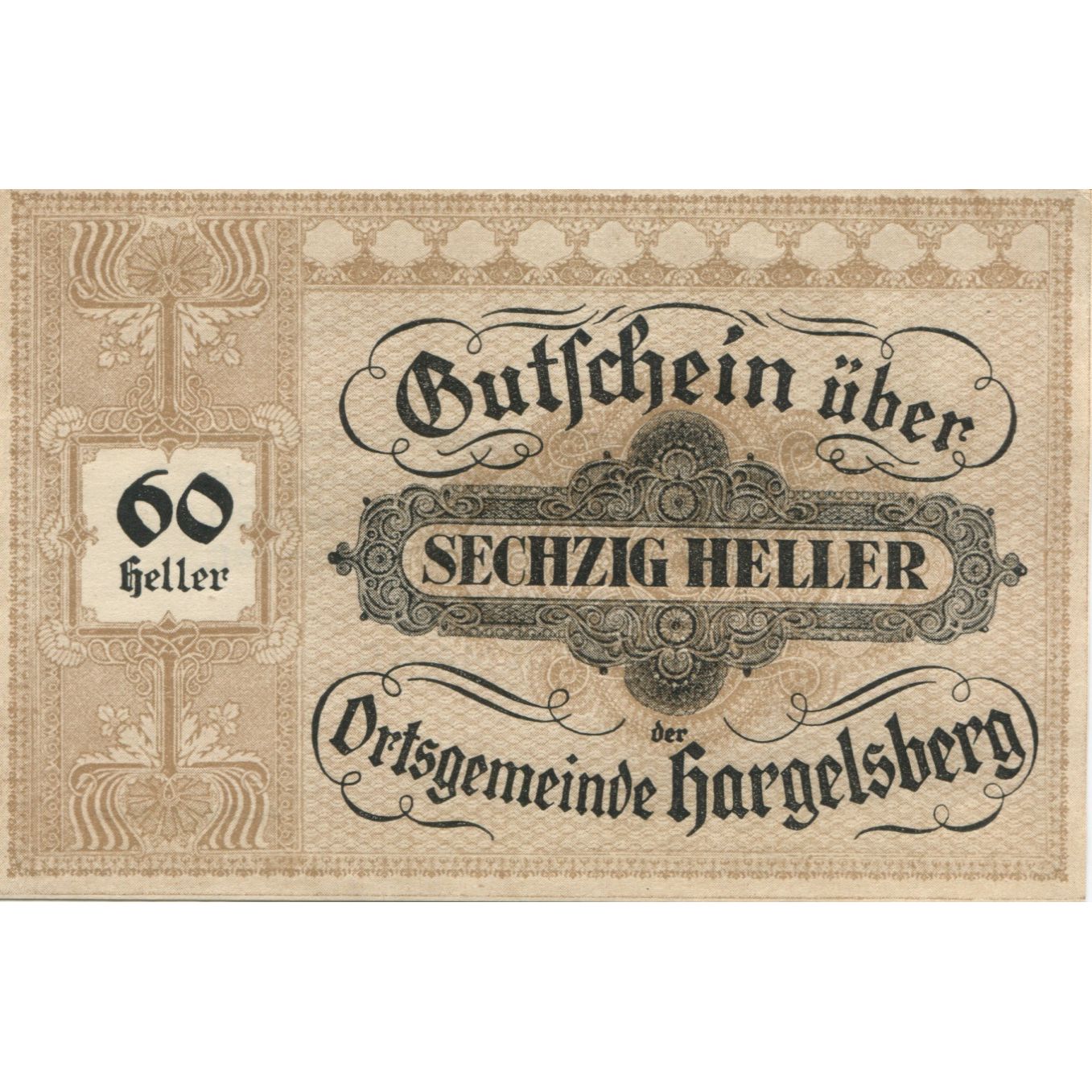 Banknote, Austria, Hargelsberg, 60 Heller, Texte, 1920 UNC(63) Mehl:FS 349IIc