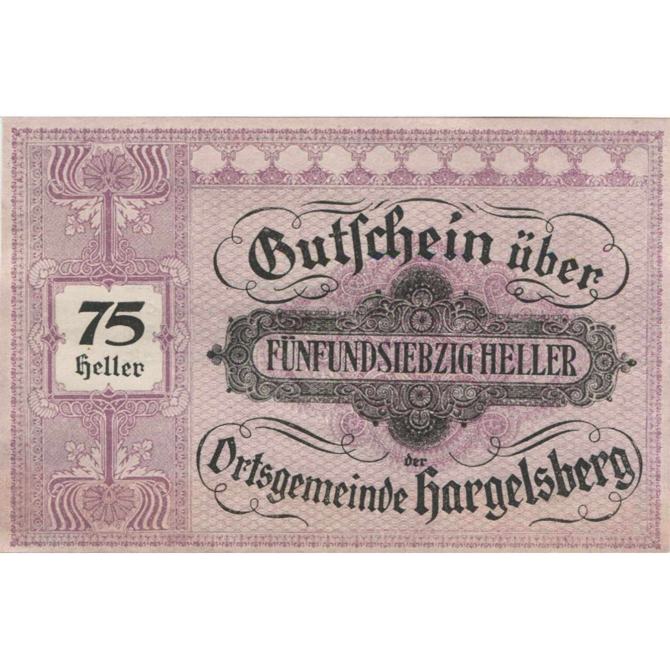 Banknote, Austria, Hargelsberg, 75 Heller, texte 1, 1920 UNC(63) Mehl:FS 349IIc