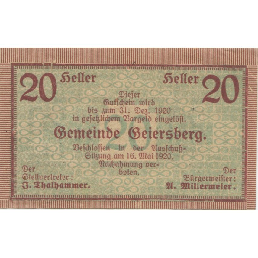 Banknote, Austria, Geiersberg, 20 Heller, Texte, 1920 UNC(63) Mehl:FS 227a