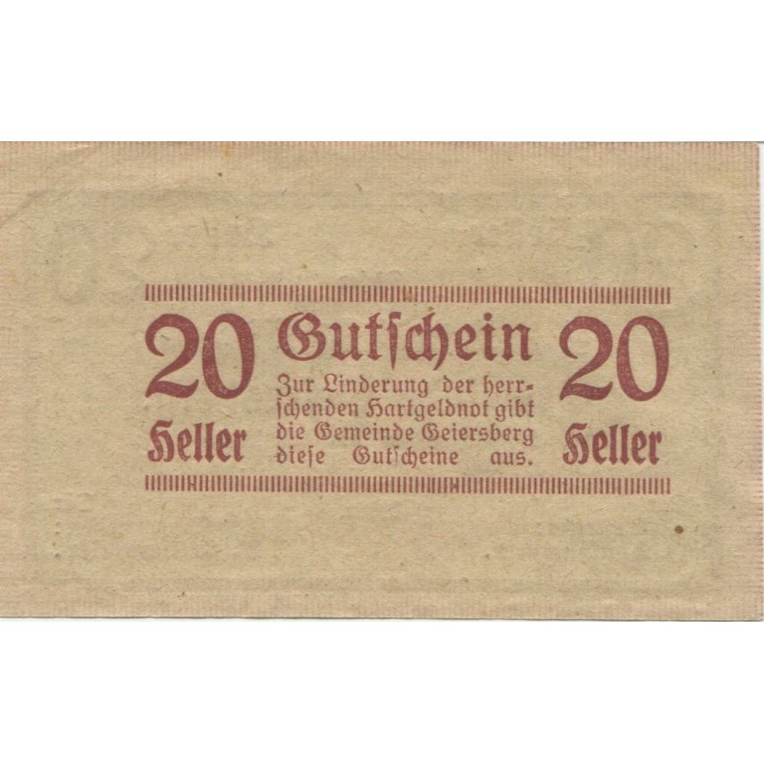 Banknote, Austria, Geiersberg, 20 Heller, Texte, 1920 UNC(63) Mehl:FS 227a